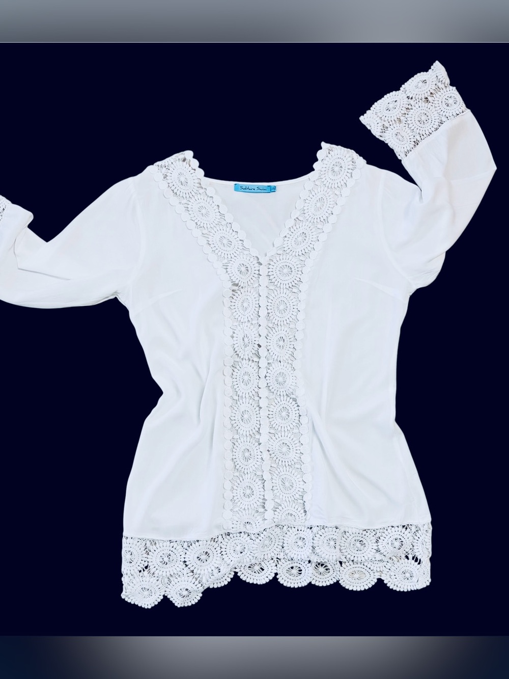 Solitaire Swim Boho Lace Accent Beach Cover-up Large ( Fit Like Medium) White